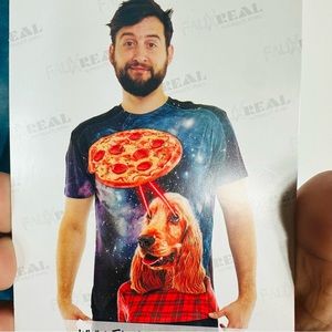 Faux Real Pizza and dog laser beam, novelty shirt size M